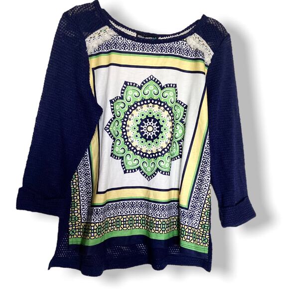 Sequin Hearts Girls Sweater Sz M Cruise Control Blue Green Yellow White Mandala - Picture 2 of 5
